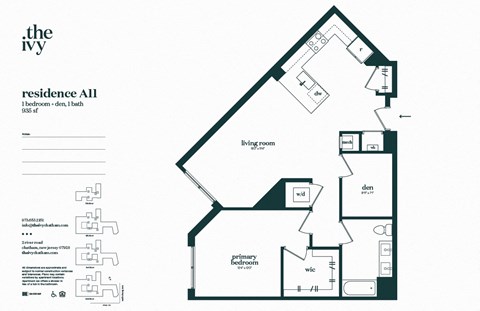 Floor plan for 1 bed, 1 bath, 935 sqft